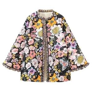 Sunday Up Boho Floral Quilted Sherpa Lined Jacket medium warm oversized ruffle